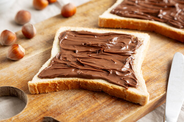 Homemade Chocolate Hazelnut Toast, low angle view. Close-up.