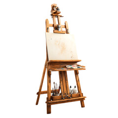 Wooden artist?s easel standing tall with subtle grain and angled arms, side-lit and isolated on transparent background for creative studio design. --v 7.0 --s 250 --raw
