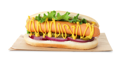 Tasty hot dog with pickles, lettuce, onion and mustard isolated on white