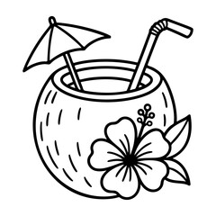 Tropical summer coconut drink with straw, umbrella and hibiscus flower. Black and white icon clean line art, doodle style. Ideal for logo, tattoo, app, coloring book, web design, banner, poster