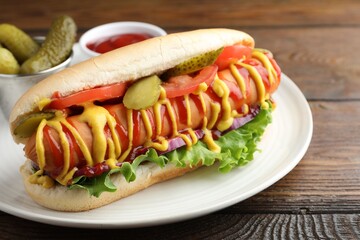 Tasty hot dog with vegetables, mustard and ketchup on wooden table, closeup