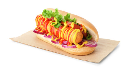 Tasty hot dog with vegetables, mustard and ketchup isolated on white