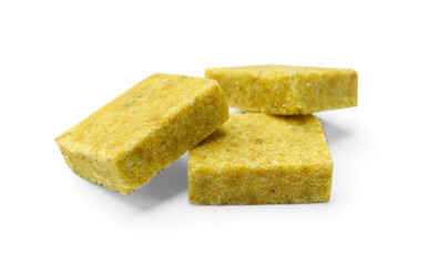 Tasty aromatic bouillon cubes isolated on white