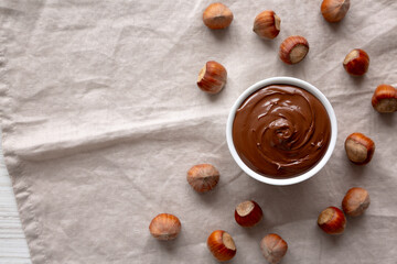 Homemade Chocolate Hazelnut Spread in a Bowl, top view. Copy space.