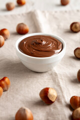 Homemade Chocolate Hazelnut Spread in a Bowl, side view. Close-up.