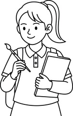 Vector art of a young art student is holding a paintbrush and sketchbook carrying her backpack to school