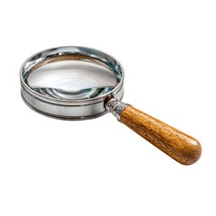 Wooden-handled magnifying glass angled for optical effect, polished rim reflecting studio light, isolated on transparent background. --v 7.0 --s 250 --raw