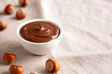 Homemade Chocolate Hazelnut Spread in a Bowl, side view. Copy space.