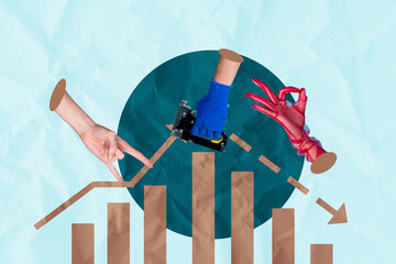 Modern business crisis collage witt business analyzing shocking falling stats graph symbolizing...