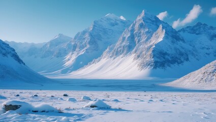 Snow-covered mountains and icy landscape from a distant view with snow and ice in the foreground. Nature and cold climate. Mountain scenery and winter landscape.