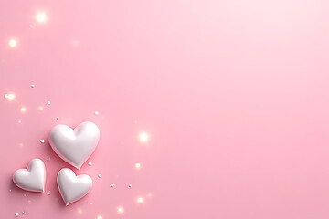 Three white heart shapes with soft highlights and scattered confetti on a pastel pink background with glowing bokeh effects