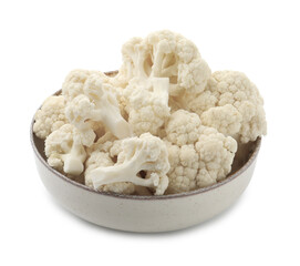 Fresh cauliflower florets in bowl isolated on white