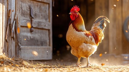 Confident farm rooster strutting in front of a barn door with swirling leaves and rustic background