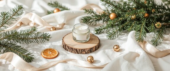 Cozy holiday scene featuring a candle, pine branches, ornaments, dried orange on white cloth.