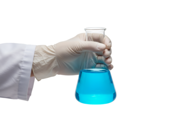 Isolated Photo Hand In Glove Holding Blue Chemical Beaker