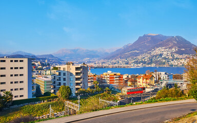 Lugano cityscape with funicular car and Monte Bre, Switzerland
