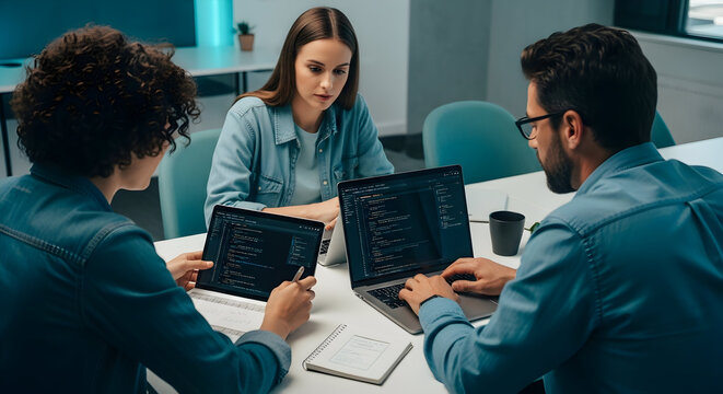 Diverse Team Collaborating On Coding Project In Modern Workplace Environment