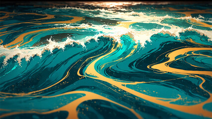 Curving ocean waves rise and fall with energy, painted in teal and gold swirls that shine under soft light