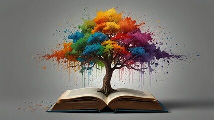 A vibrant, colorful tree grows from the pages of an open book, symbolizing knowledge and creativity.