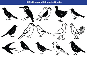 Collection of bird silhouettes and line drawings