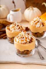 Pumpkin cheesecake in a glass, fall dessert idea, no bake Thanksgiving dessert