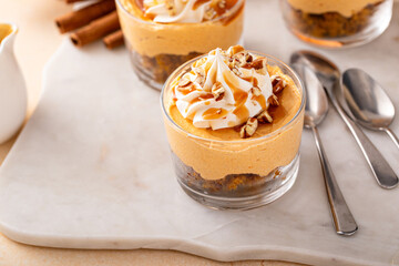 Pumpkin cheesecake in a glass, fall dessert idea, no bake Thanksgiving dessert