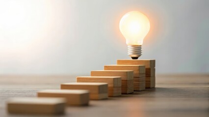 Spiral of wooden blocks leading to a central glowing idea — team-driven innovation funnel
