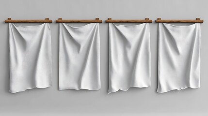 Blank white fabric panels hanging on wooden rods.