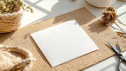 Handmade greeting card creation on natural fiber desk mat with scissors and dried flower in soft natural light