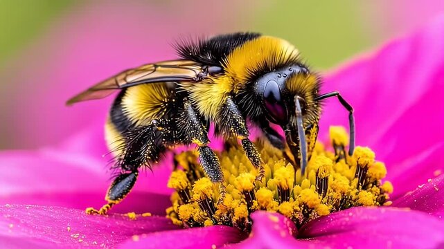 Close-up of a bumblebee gathering pollen from a bright pink flower with a yellow center on a soft green background