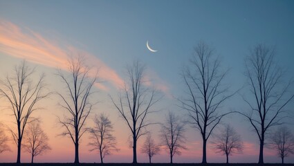 Fototapeta premium Silhouetted trees at sunset with a crescent moon in the sky.