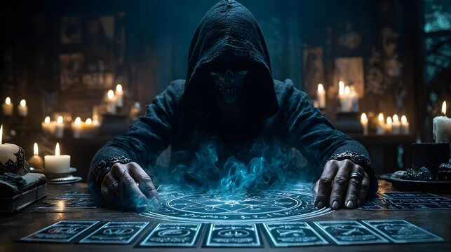 Ritueller Tarot-Tisch mit blauer Energie, mystischem Rauch und Kapuzenfigur im Kerzenschein
