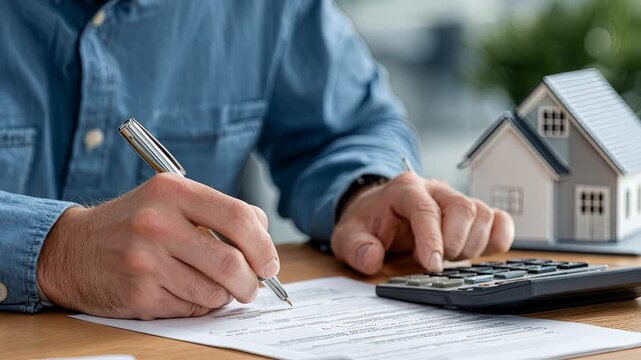 Calculating mortgage options at a desk with a miniature house and a calculator during the home buying process in a well-lit office space