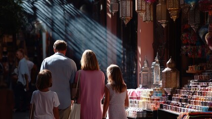 Family walks through vibrant marketplace filled with lanterns and spices in a sunny afternoon