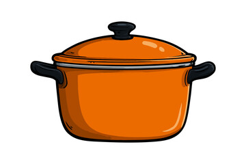 Charming orange cooking pot illustration with a black lid on a white background