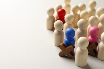 Unemployment. Many different human figures on light background, closeup. Space for text