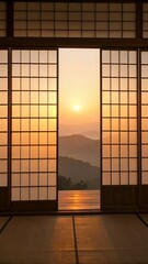 Traditional shoji panel with warm sunset light and simple wood frame