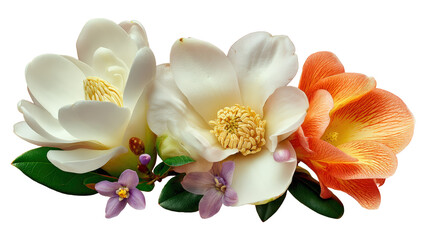 Obraz premium Magnolia Camellia and Gardenia lush white blossoms captured in crisp studio macro, with transparent background