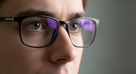 Fototapeta premium Focused Gaze Through Eyeglasses Reveals Intense Concentration And Modern Vision