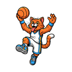 Energetic cartoon orange cat basketball mascot jumping with ball, dynamic player.