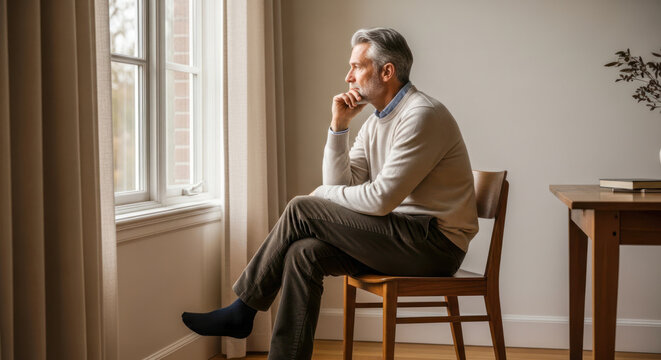 A man sitting in a chair by a window, looking out with a thoughtful expression. - Powered by Adobe