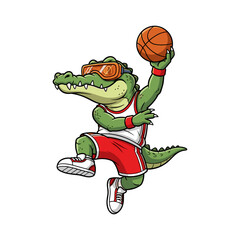 Dynamic cartoon alligator basketball player mascot jumping, cool character with goggles.
