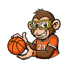 Smart cartoon monkey basketball player mascot with goggles, cunning animal character.