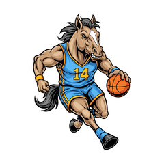 Strong cartoon horse basketball player mascot dribbling, powerful animal character.