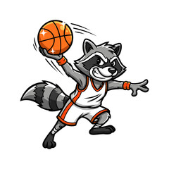 Dynamic cartoon raccoon basketball player mascot, agile and clever animal character.