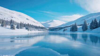 Obraz premium Snow-covered mountains and trees reflected on a frozen lake in winter.