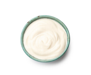 Tasty sour cream in bowl isolated on white, top view