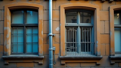 Fototapeta premium Aged stone facade, steel pipe, unique windows, vintage interior glimpses.