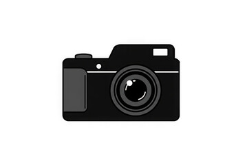 A simple black and white camera illustration with a lens and flash on a transparent