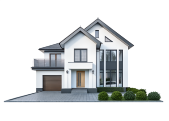 Modern house with garden png, isolated on white on transparent background, simple home suburban home hd